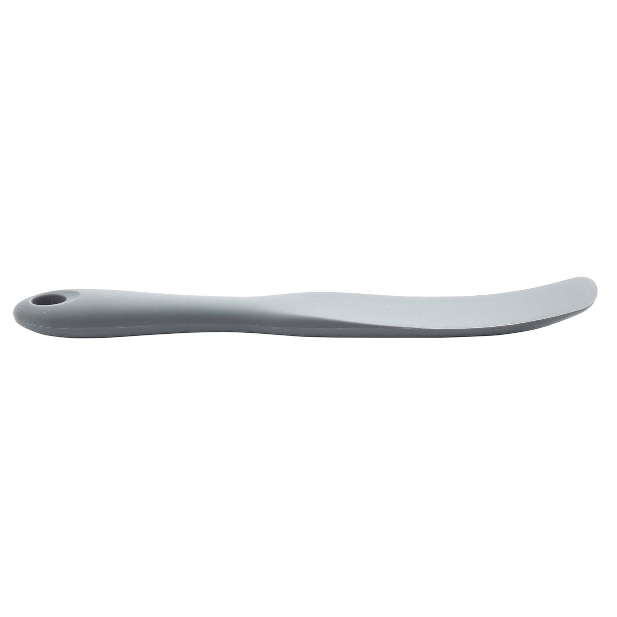 A gray, plastic butter knife with a curved blade and a hole at the end of its handle, shown on a white background. NSF certified, it features a smooth, slightly ergonomic handle like those found on premium silicone spatulas.
