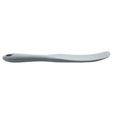 A gray, plastic butter knife with a curved blade and a hole at the end of its handle, shown on a white background. NSF certified, it features a smooth, slightly ergonomic handle like those found on premium silicone spatulas.