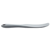 A gray, plastic butter knife with a curved blade and a hole at the end of its handle, shown on a white background. NSF certified, it features a smooth, slightly ergonomic handle like those found on premium silicone spatulas.
