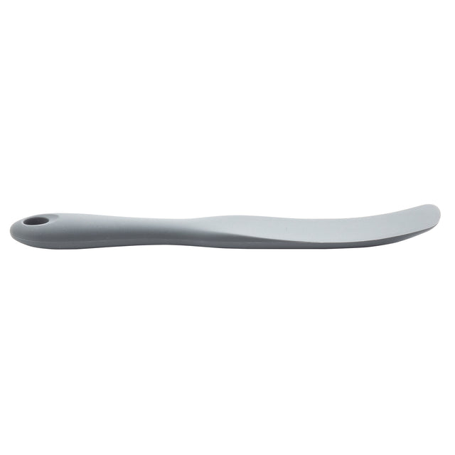 A gray, plastic butter knife with a curved blade and a hole at the end of its handle, shown on a white background. NSF certified, it features a smooth, slightly ergonomic handle like those found on premium silicone spatulas.