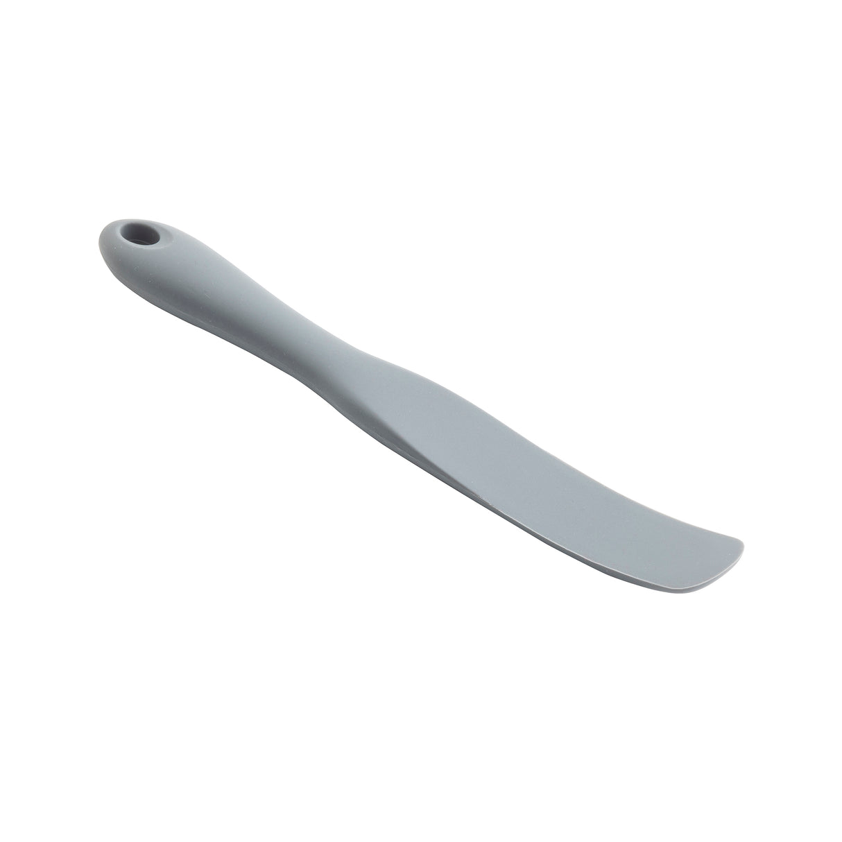 A gray, flat silicone spatula with a slightly curved blade and rounded handle. The handle has a small hole for hanging. This NSF-approved spatula spurtle is photographed on a white background.