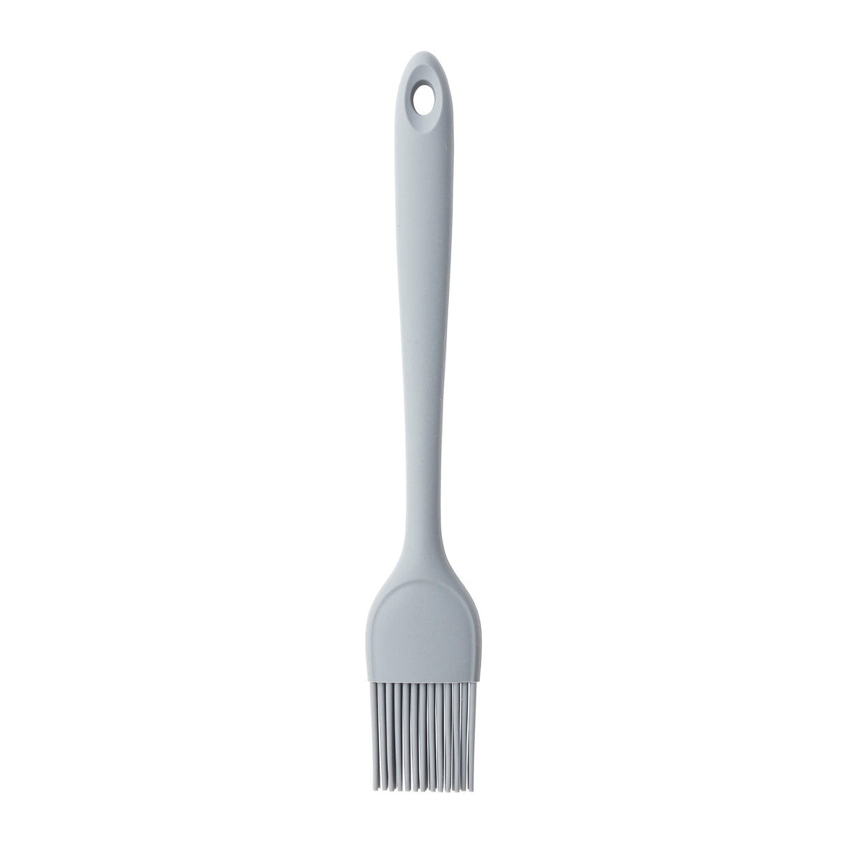 A gray silicone basting brush with flexible bristles and a long handle featuring a hole at the top for hanging, shown against a plain white background. This NSF-certified basting brush is both durable and easy to clean.