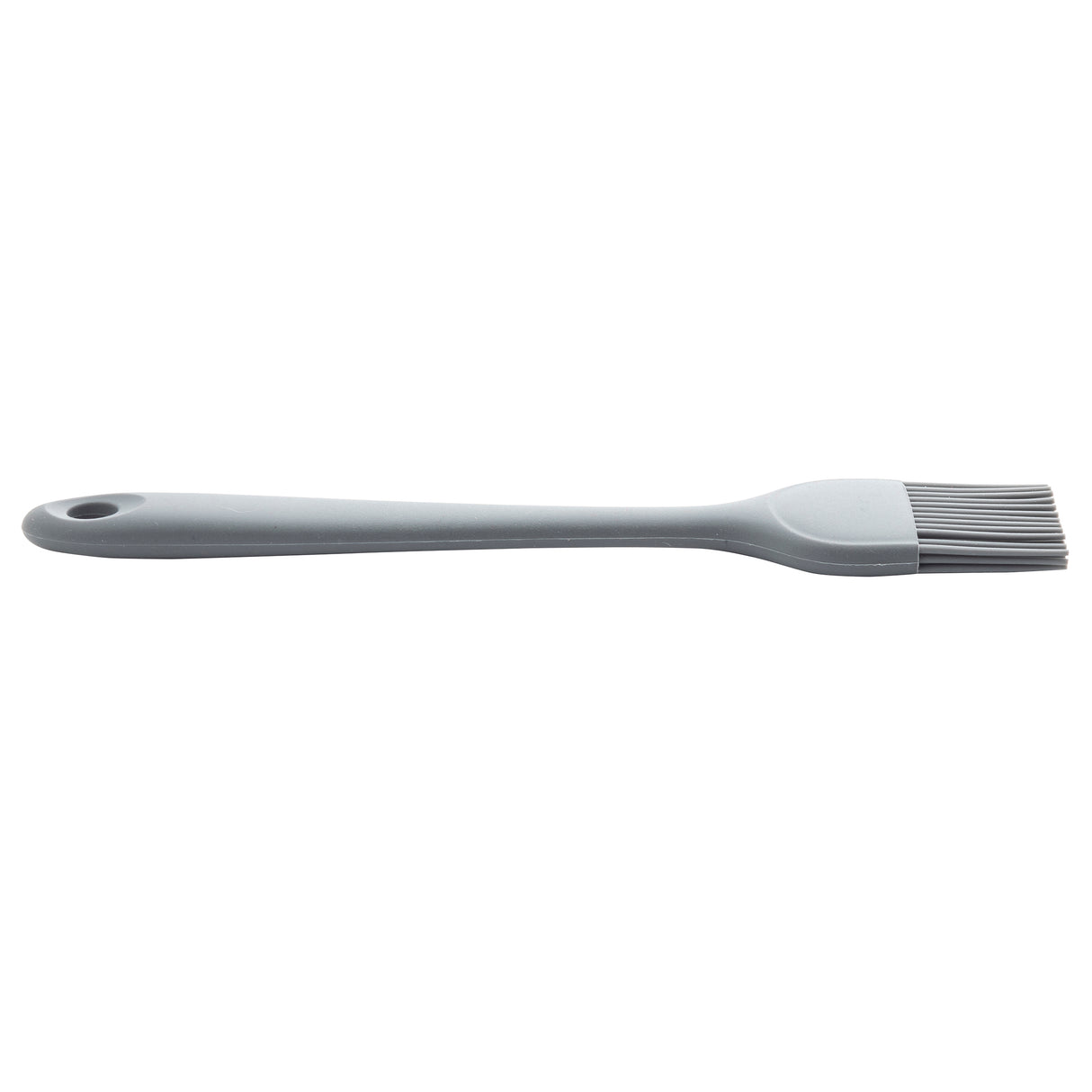 A gray silicone basting brush with a long handle and flexible bristles, featuring a hole at the end for hanging. This NSF-certified basting brush is shown on a plain white background.
