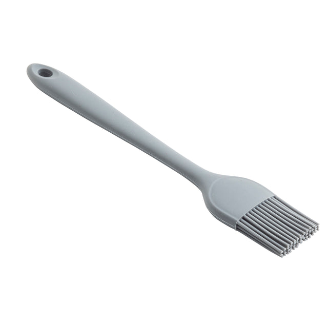 A gray NSF silicone basting brush with a long handle and flexible bristles, designed for cooking or baking, is shown against a white background. The handle features a hole at the end for easy hanging.