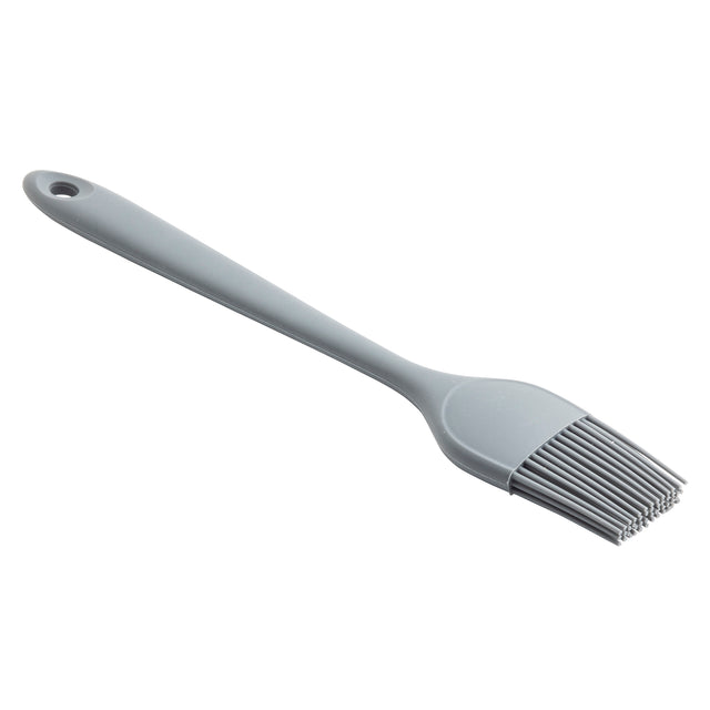 A gray NSF silicone basting brush with a long handle and flexible bristles, shown on a white background. The handle has a hole at the end for hanging. The brush appears clean and new, perfect for cooking or baking purposes.