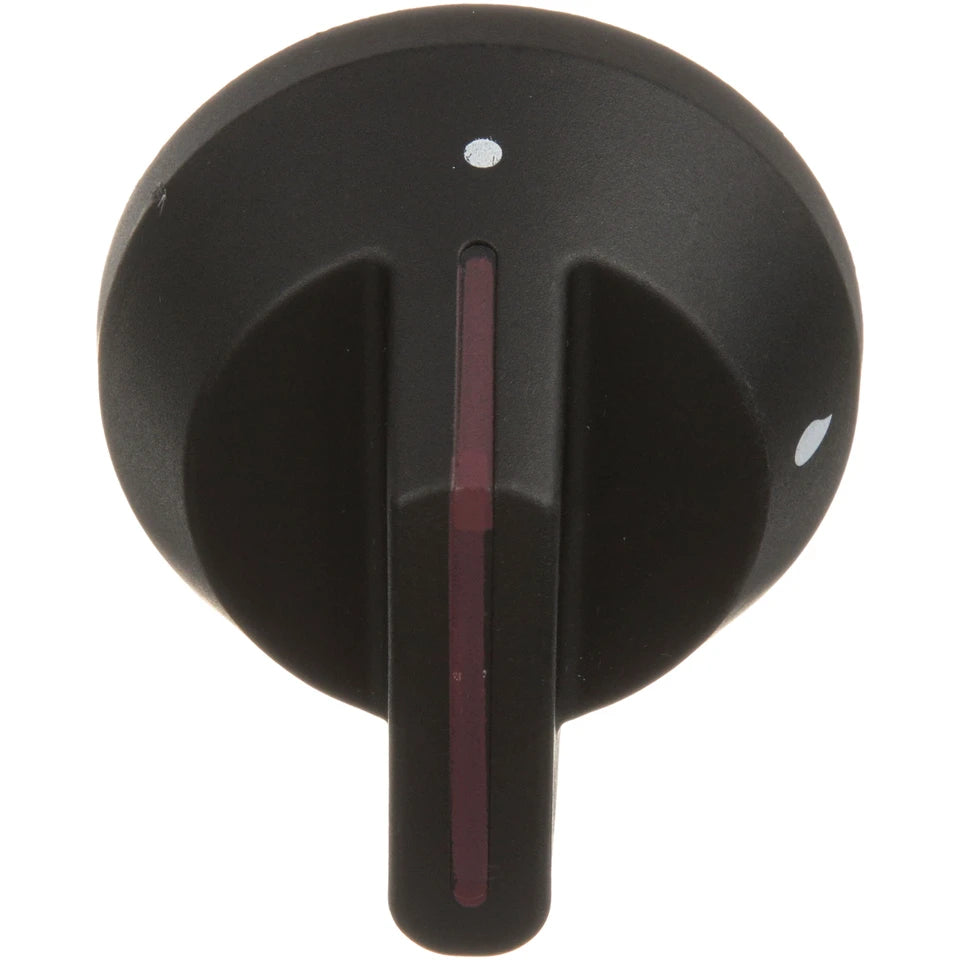 A black, round gas valve indicator knob with a vertical red line on the handle. Features include a white dot above the handle and another on the right, ideal for alignment—compatible as a Southbend replacement part or Blodgett 1184689. Plain white background.