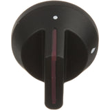A black, round gas valve indicator knob with a vertical red line on the handle. Features include a white dot above the handle and another on the right, ideal for alignment—compatible as a Southbend replacement part or Blodgett 1184689. Plain white background.