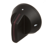 A black plastic gas valve indicator knob, compatible with Blodgett 1184689 and Southbend replacement parts, features a red indicator line and two white dots. Photographed at an angle, it’s ideal for appliances or electronic devices.