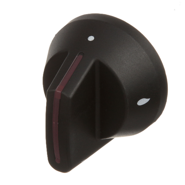 A black plastic gas valve indicator knob, compatible with Blodgett 1184689 and Southbend replacement parts, features a red indicator line and two white dots. Photographed at an angle, it’s ideal for appliances or electronic devices.
