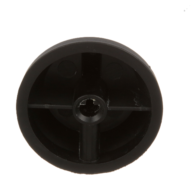 A close-up of a black, round gas valve indicator knob with a central cylindrical shaft and four spokes. The hollow center features a keyhole-shaped opening, making it ideal as a Southbend replacement part or for Blodgett 1184689 compatibility.