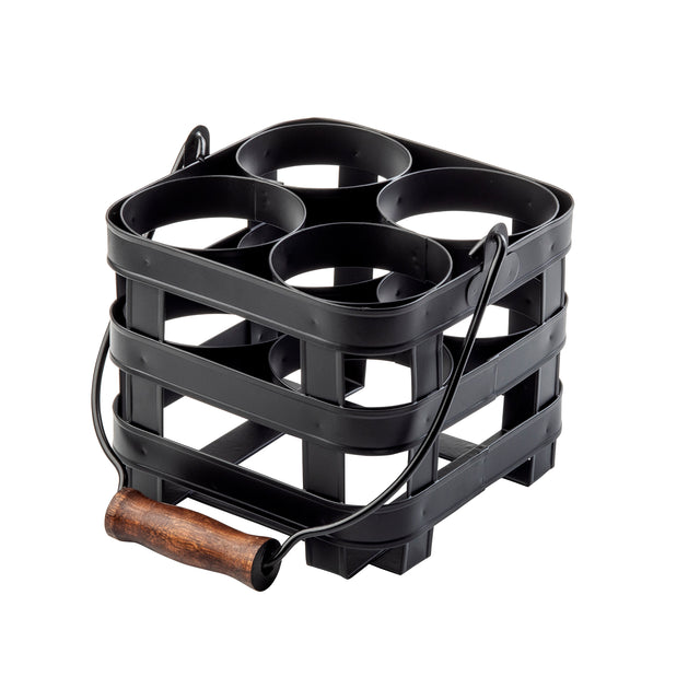 A black, square-shaped galvanized steel caddy from the TableCraft Forge Collection, with four circular compartments, a wooden handle on a wire frame, and open horizontal slats; perfect as a squeeze bottle caddy. Background is plain white.