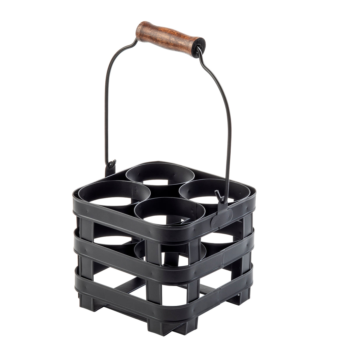 A black plastic drink carrier inspired by the TableCraft Forge Collection, with four circular slots for bottles or cups and a sturdy metal handle topped with a wooden grip. The open, stackable design is ideal as a squeeze bottle caddy or for carrying beverages.