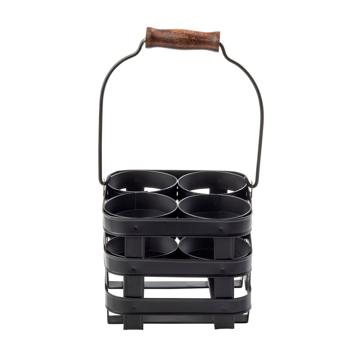 A black metal squeeze bottle caddy with four circular compartments and a sturdy wire handle topped with a brown wooden grip. The slatted base and functional design are inspired by the industrial style of the TableCraft Forge Collection.