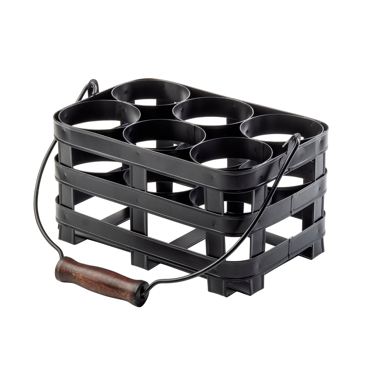A black plastic Forge Collection Squeeze Bottle Caddy by TableCraft Products features six circular compartments and a metal handle with a brown wooden grip. Its open, grid-like structure ensures ventilation and easy access to your bottles.