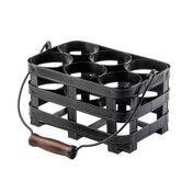 A black plastic Forge Collection Squeeze Bottle Caddy by TableCraft Products features six circular compartments and a metal handle with a brown wooden grip. Its open, grid-like structure ensures ventilation and easy access to your bottles.
