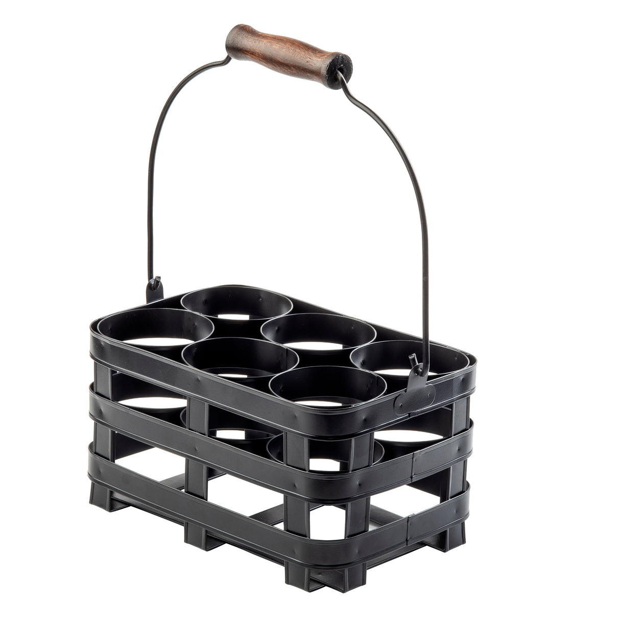 A black plastic bottle carrier from the Forge Collection Squeeze Bottle Caddy by TableCraft Products, featuring six circular compartments, a rectangular base, and a metal handle with a wooden grip for easy transport.
