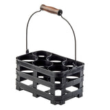 A black plastic bottle carrier from the Forge Collection Squeeze Bottle Caddy by TableCraft Products, featuring six circular compartments, a rectangular base, and a metal handle with a wooden grip for easy transport.