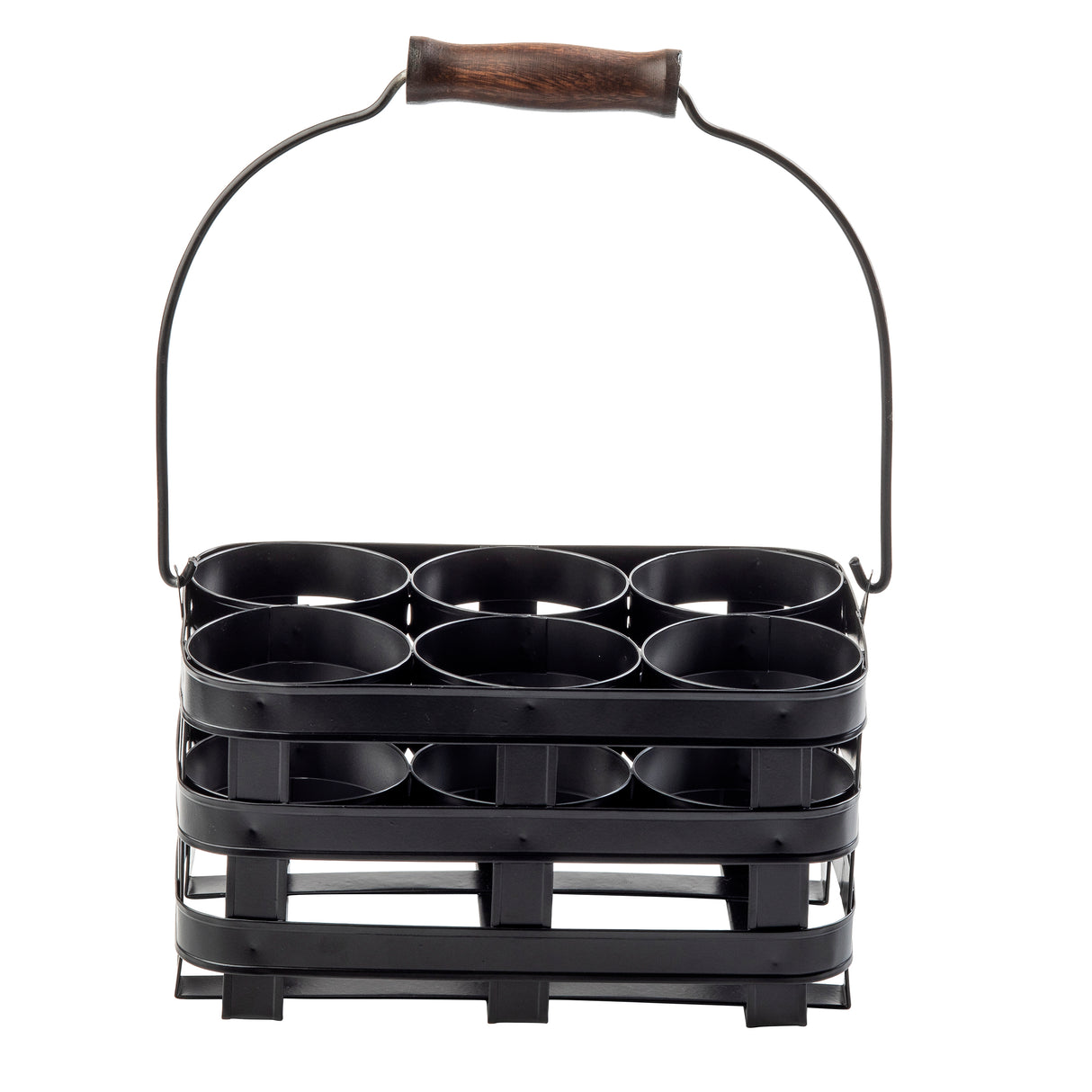 A black metal bottle or jar carrier from TableCraft Products' Forge Collection Squeeze Bottle Caddy, made of sturdy galvanized steel with six round compartments, a curved handle with a dark wood grip, and open sides to show off its secure structure.