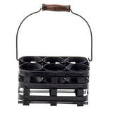 A black metal bottle or jar carrier from TableCraft Products' Forge Collection Squeeze Bottle Caddy, made of sturdy galvanized steel with six round compartments, a curved handle with a dark wood grip, and open sides to show off its secure structure.