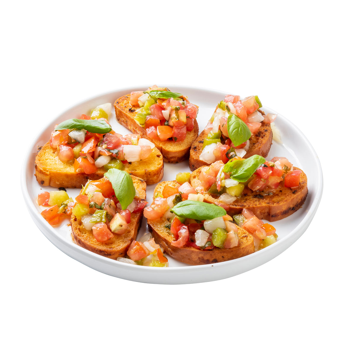 A white melamine serving plate topped with six pieces of bruschetta, each with toasted bread, diced tomatoes, onions, and basil. Some slices are garnished with fresh basil leaves, making the colorful ingredients pop against the background.