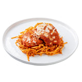 A white melamine serving plate from the Ridge Collection holds spaghetti topped with tomato sauce and two breaded chicken pieces, each covered in melted cheese and sauce. The food is arranged neatly, photographed against a plain white background.