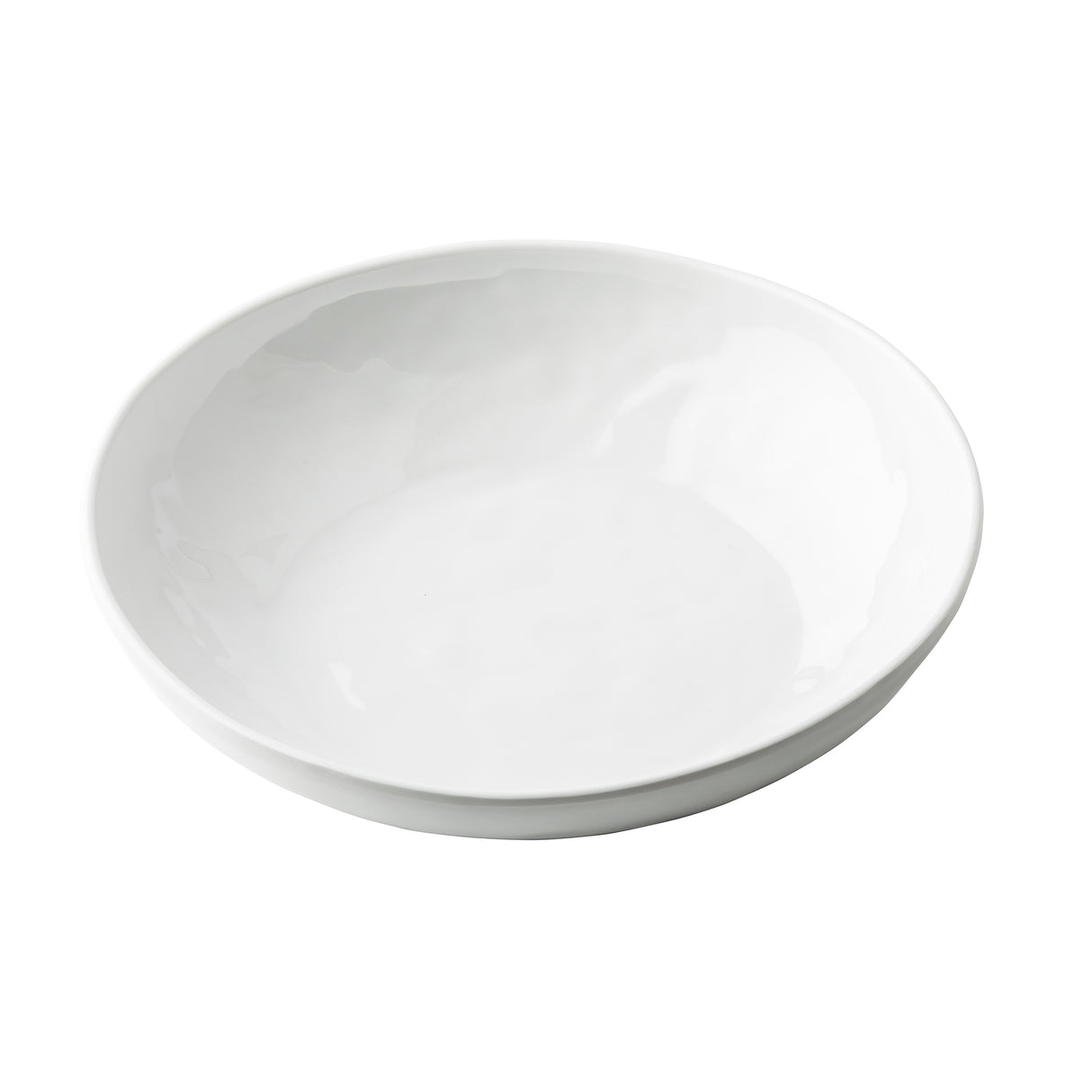 A plain, round, shallow white TableCraft serving bowl with a smooth, glossy finish, photographed against a white background. The bowl is empty and features gently sloping sides with a slight rim.