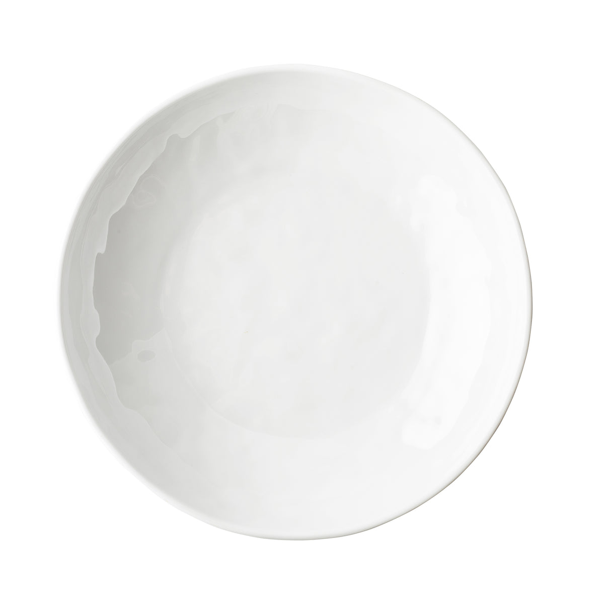 A plain, round, white TableCraft plate is shown from above against a white background. The smooth, glossy surface features subtle reflections and resembles melamine, with no visible patterns or decorations.