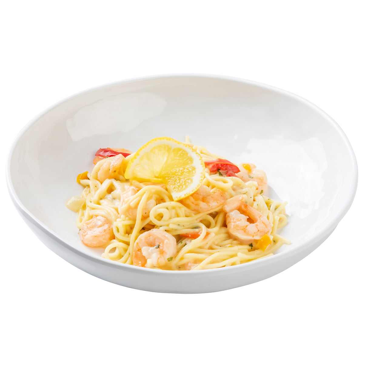 A white melamine serving bowl filled with spaghetti pasta, shrimp, small pieces of tomato, and creamy white sauce, garnished with a lemon slice on top. The food is arranged neatly against an all-white background.