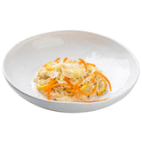 A white Ridge Collection melamine serving bowl holds creamy risotto, topped with thinly sliced yellow squash, carrot ribbons, and shaved parmesan cheese. The dish is garnished with black pepper against a plain white background.