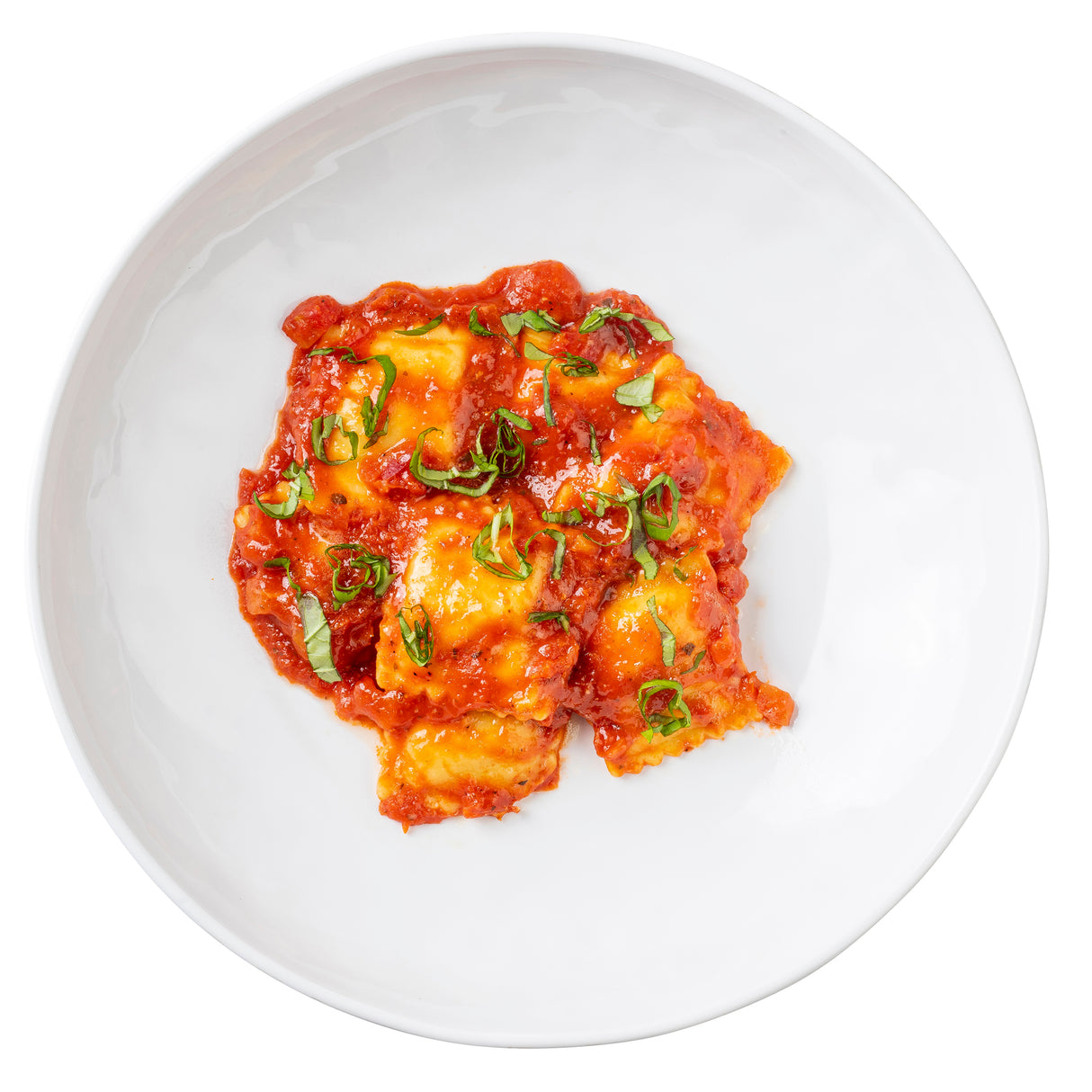 A white Melamine plate from the Ridge Collection holds three pieces of ravioli in tomato sauce, garnished with thinly sliced basil. The ravioli are arranged close together and photographed from above on a plain white background.