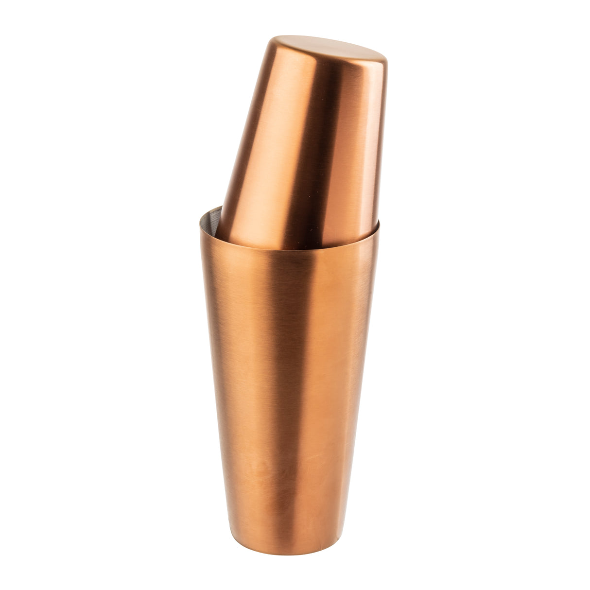 A shiny cocktail shaker with a sleek bronze PVD finish and two nested cups, one taller and one inverted on top, stands upright against a plain white background. Its smooth, reflective surface gives it a modern stainless steel look.