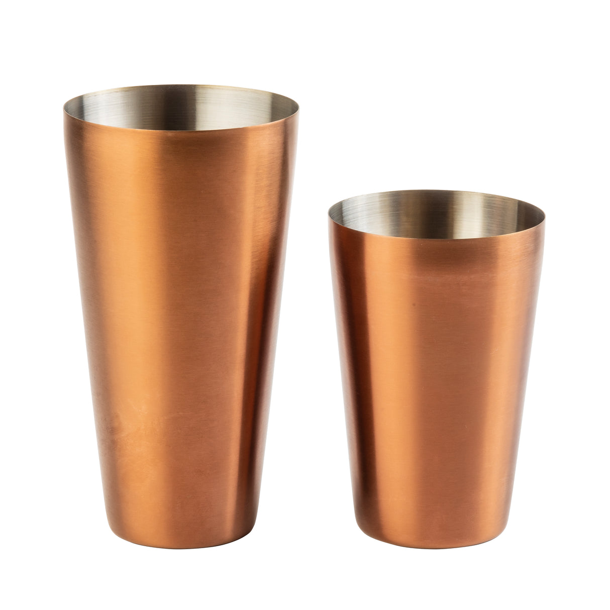 Two metallic cocktail shakers, each with a sleek bronze PVD finish, stand side by side on a white background. Both feature a tapered cylindrical shape and reveal their stainless steel interior at the rim. One shaker is taller than the other.