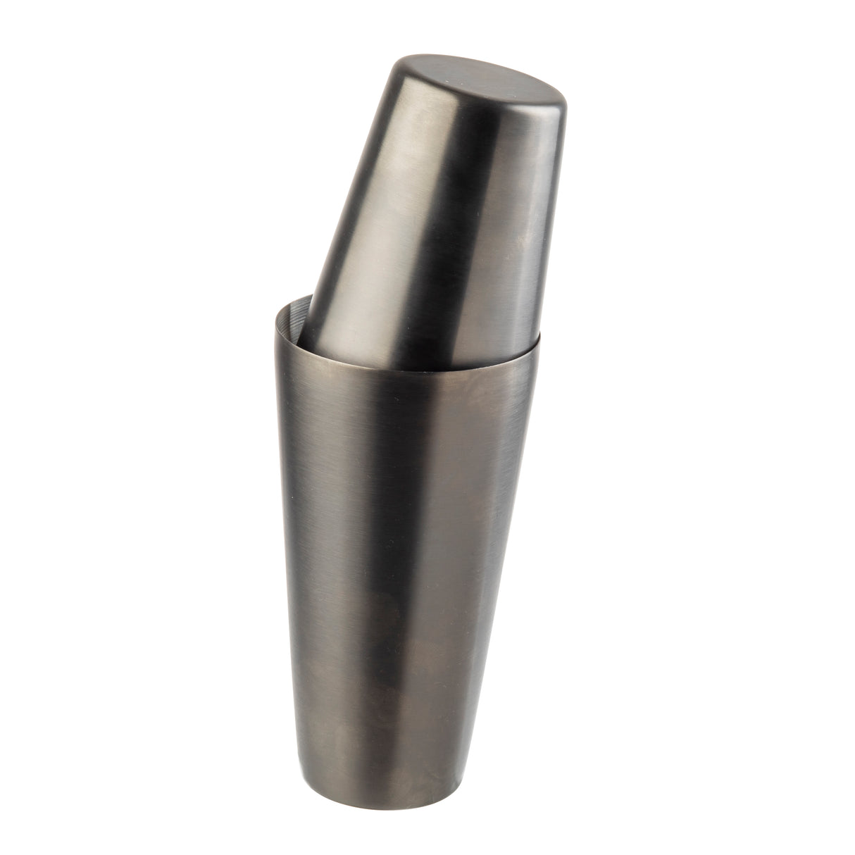 A stainless steel cocktail shaker with two metal cups, one inverted and fitting into the other, features a sleek gunmetal finish and a cylindrical, tapered shape. Shown on a white background.