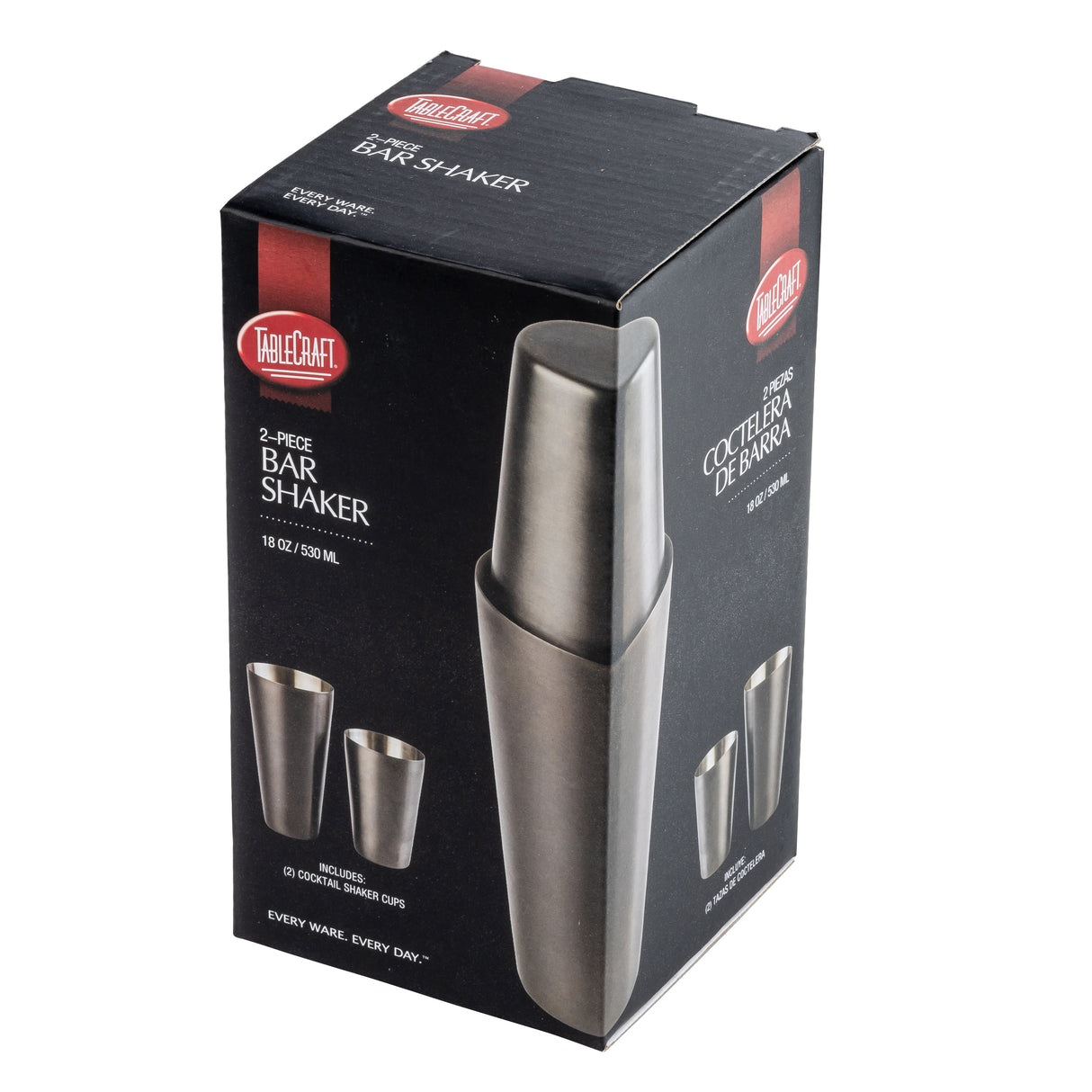 A black box shows a TableCraft 2-piece cocktail shaker set. The front displays an angled photo of the stainless steel shaker and two cups, product name, “16 oz / 530 mL,” and branding. Text in English and Spanish is visible on the top and sides.