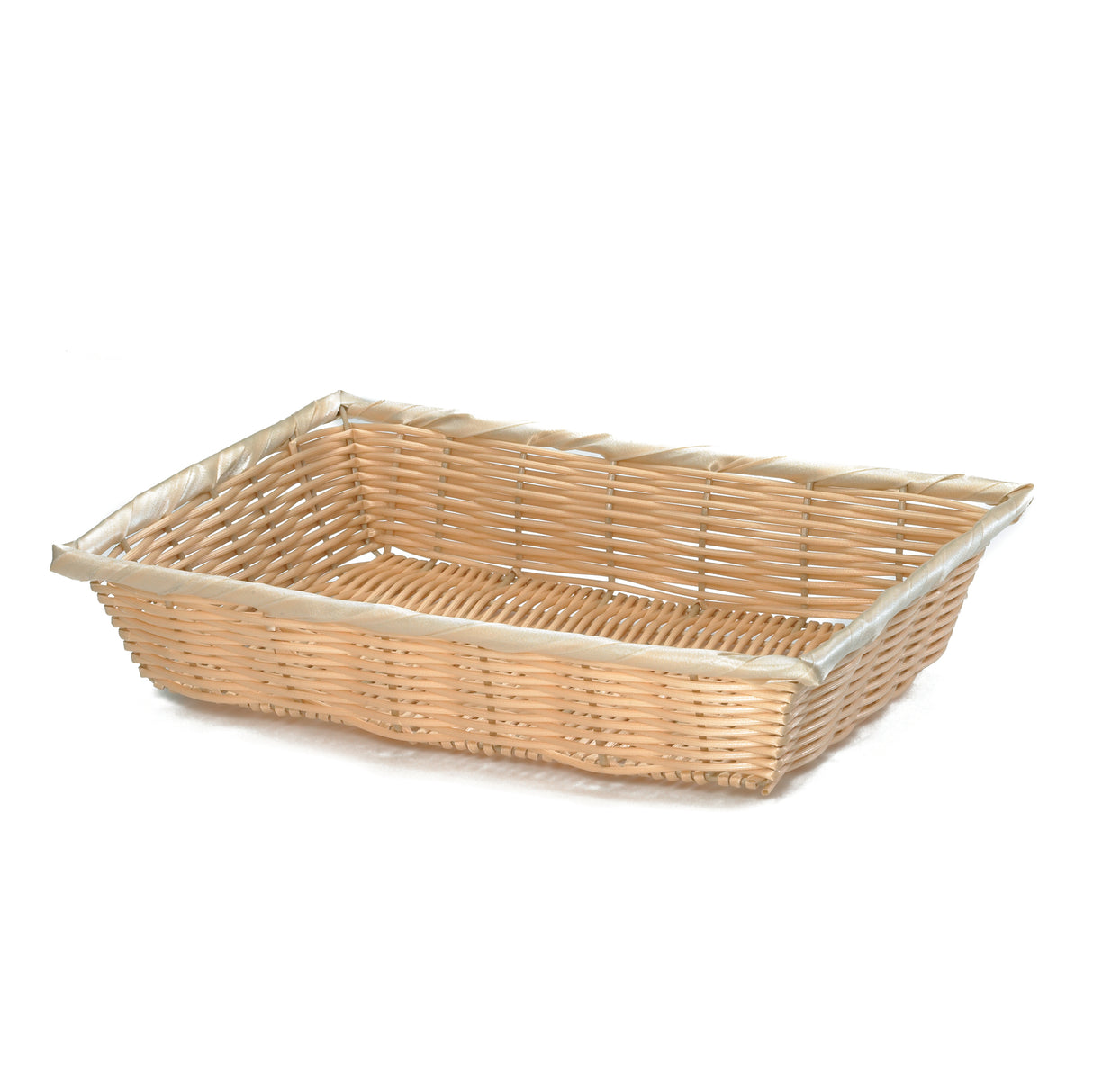 A rectangular, shallow basket with a natural light brown color. Hand-woven from polypropylene cord, it features a tight, neat weave and reinforced edges, with a flat base and slightly flared sides. Set on a white background with no visible contents.