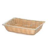 A rectangular, shallow basket with a natural light brown color. Hand-woven from polypropylene cord, it features a tight, neat weave and reinforced edges, with a flat base and slightly flared sides. Set on a white background with no visible contents.
