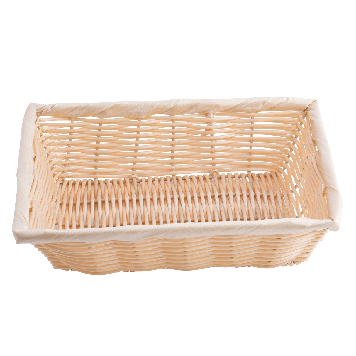 A rectangular, light-colored hand-woven basket lined with a beige cloth. The basket has an open top, visible weaving patterns in polypropylene cord, and is empty. The lining folds over the edges, adding a soft border to its structured shape.