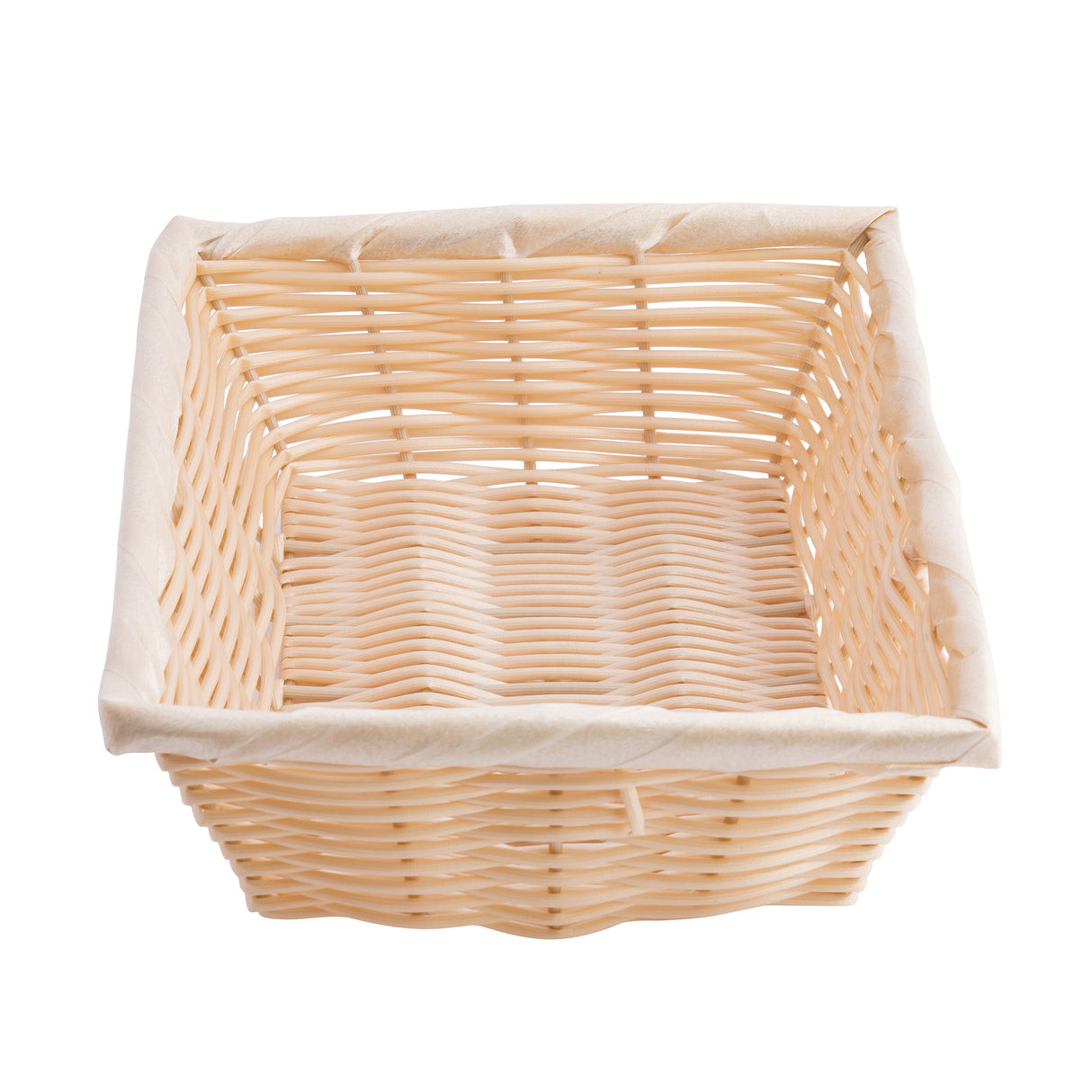 A square, light-colored basket hand-woven from polypropylene cord with a cream fabric lining along the rim and inside, photographed from above on a white background. The basket appears empty and has a simple, woven texture.