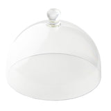 A clear glass TableCraft cake dome with a round knob on top, commonly used as a food cover or cloche, is shown on a white background. The empty clear cake cover features a smooth, curved shape and a glossy, transparent surface.
