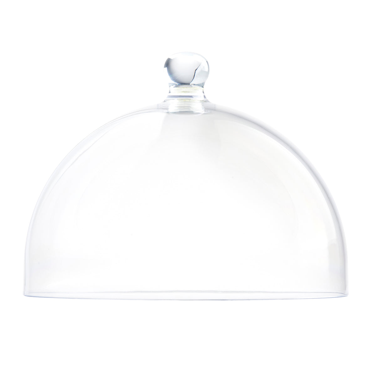 A clear cake cover with a rounded top and small knob handle sits against a white background. This smooth, transparent TableCraft cake dome is commonly used as a cover for food or display items.