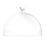 A clear cake cover with a rounded top and small knob handle sits against a white background. This smooth, transparent TableCraft cake dome is commonly used as a cover for food or display items.