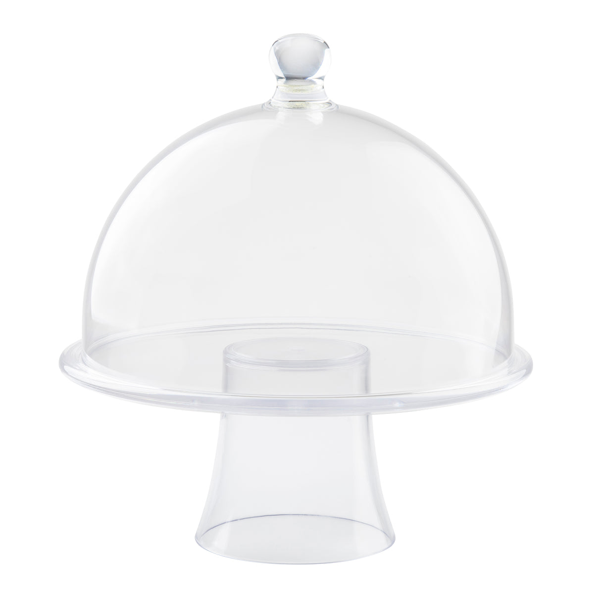 A clear, empty TableCraft glass cake stand with a domed lid and round handle on top. The stand has a circular base supporting a flat plate, while the transparent cake dome covers the plate. The background is white.