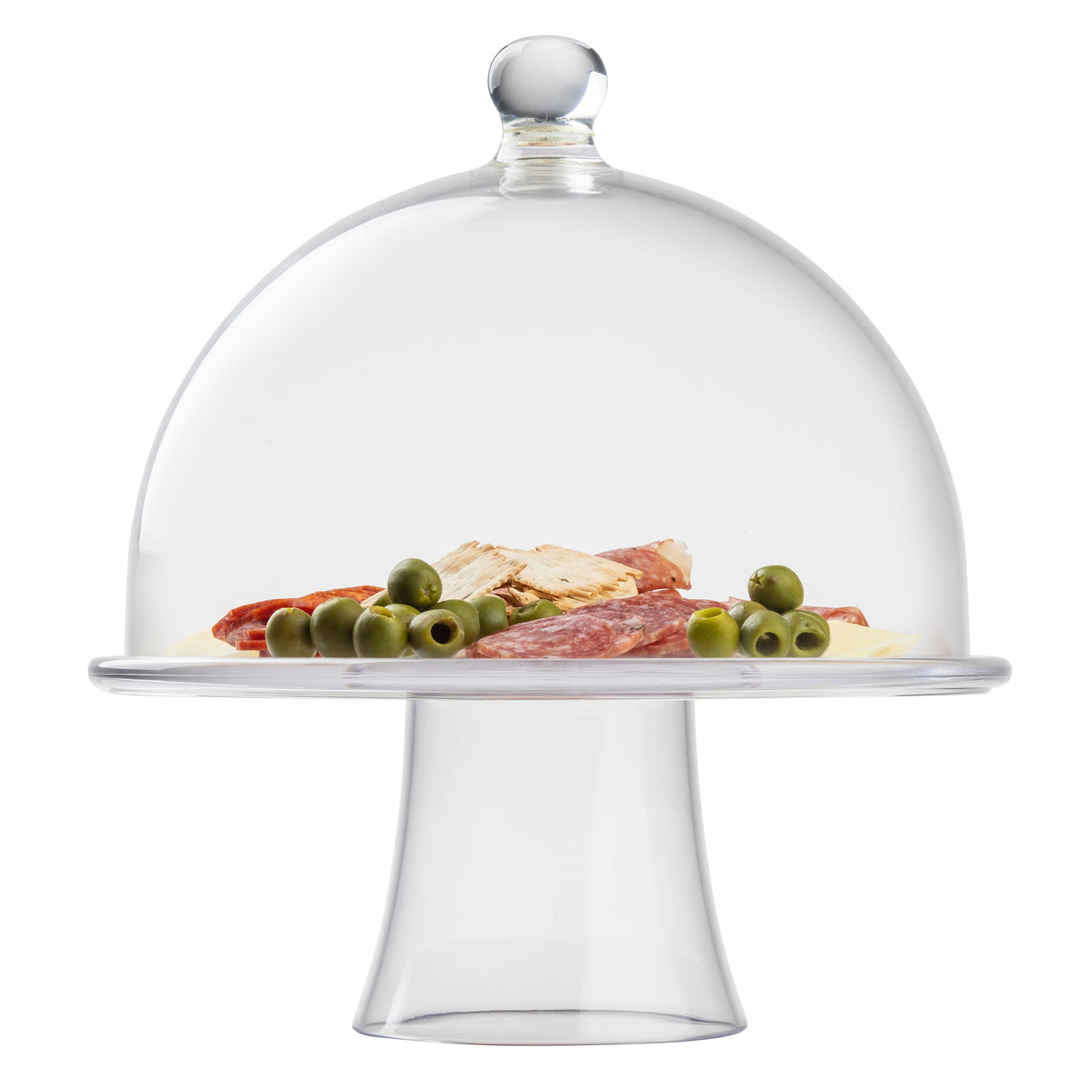 A TableCraft cake dome covers slices of cured meat, cheese, and green olives on a clear glass stand, keeping them fresh and beautifully displayed against a plain white background.