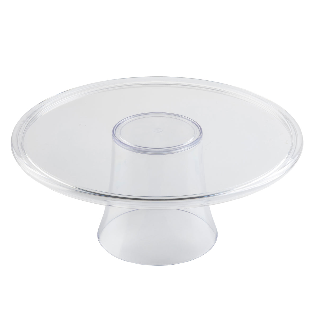 A clear cake stand with a flat top and wide, sturdy base. This round cake stand features smooth edges and a transparent appearance, offering simple elegance against a plain white background.