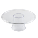 A clear cake stand with a flat top and wide, sturdy base. This round cake stand features smooth edges and a transparent appearance, offering simple elegance against a plain white background.