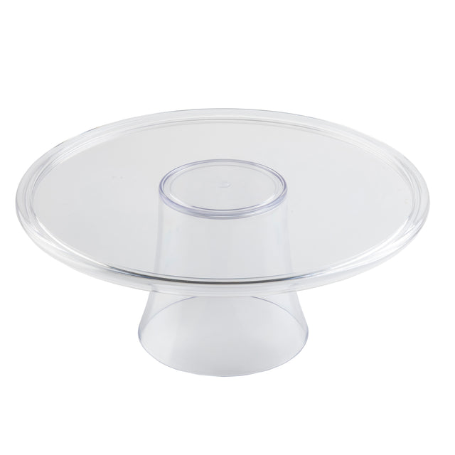 A clear cake stand with a flat top and wide, sturdy base. This round cake stand features smooth edges and a transparent appearance, offering simple elegance against a plain white background.