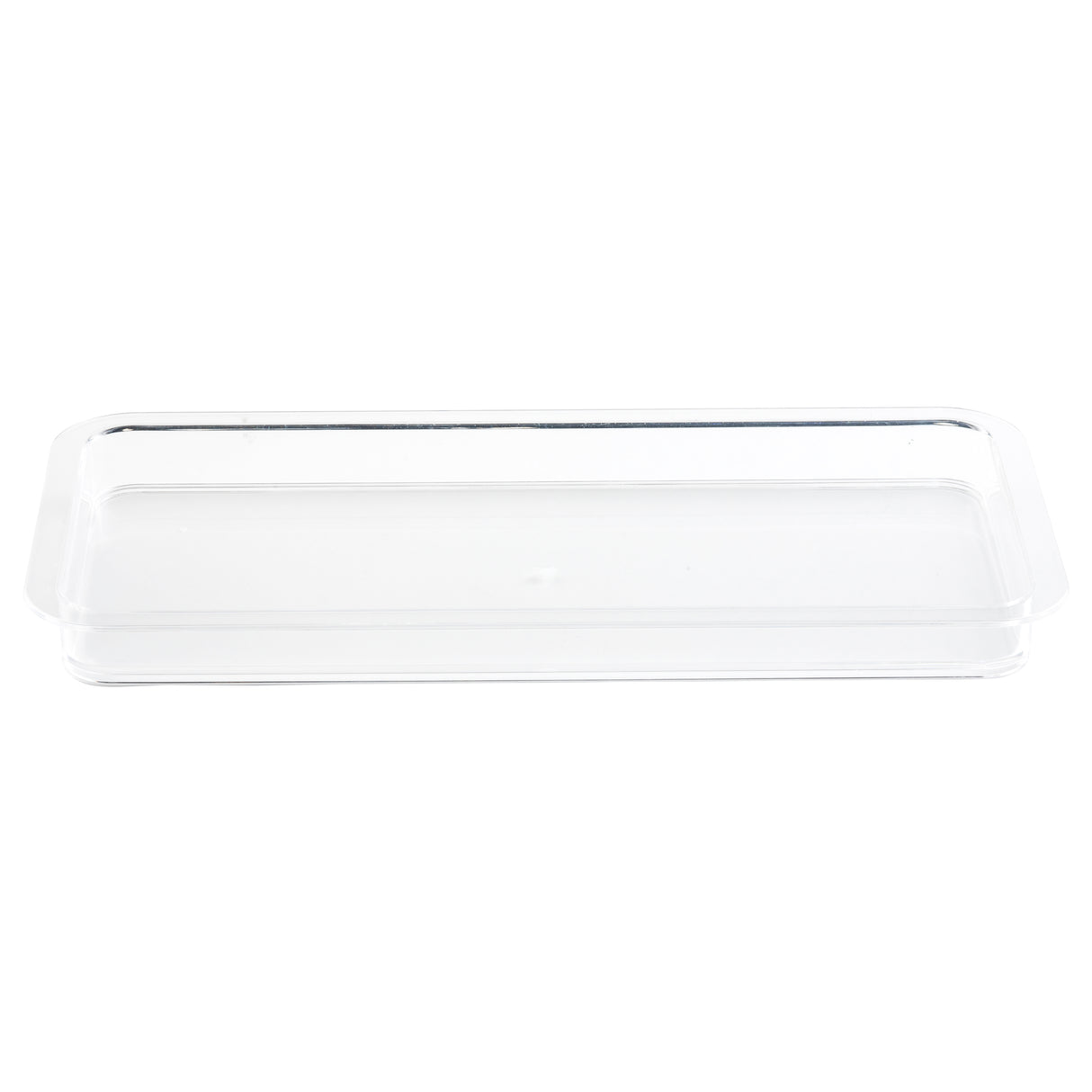 A clear, rectangular plastic lid is shown against a white background. With slightly raised edges and smooth, transparent surfaces, it’s designed to fit securely onto a matching rectangular cake plate or food container.