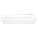 A clear, rectangular plastic lid is shown against a white background. With slightly raised edges and smooth, transparent surfaces, it’s designed to fit securely onto a matching rectangular cake plate or food container.