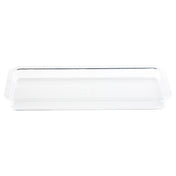 A clear, rectangular plastic lid is shown against a white background. With slightly raised edges and smooth, transparent surfaces, it’s designed to fit securely onto a matching rectangular cake plate or food container.