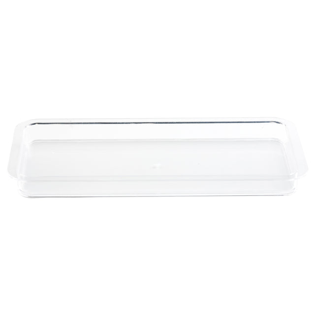 A clear, rectangular plastic lid is shown against a white background. With slightly raised edges and smooth, transparent surfaces, it’s designed to fit securely onto a matching rectangular cake plate or food container.